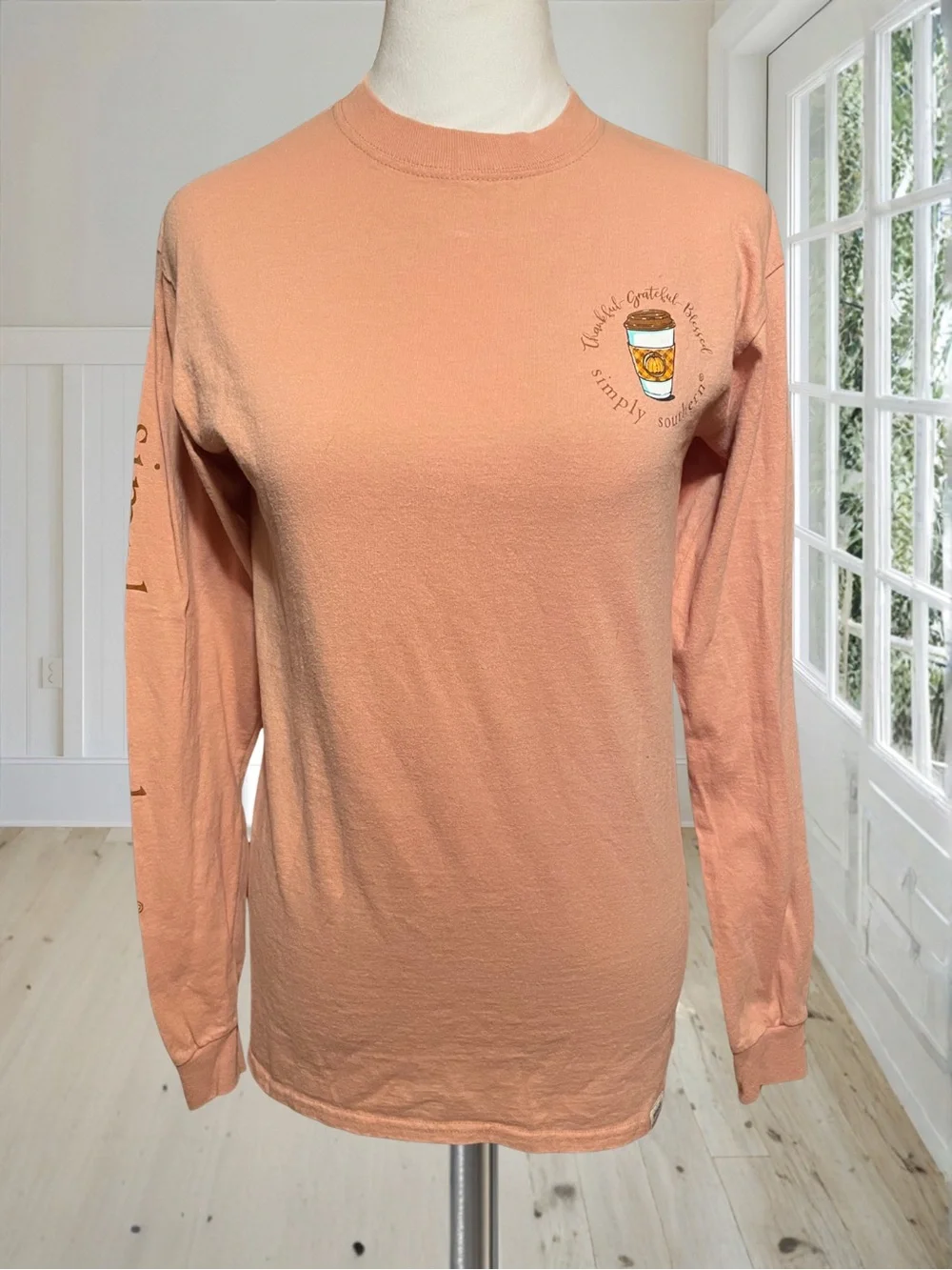 SIMPLY SOUTHERN Women’s Small Long Sleeve T-Shirt Thankful Pumpkin Fall Peach - Picture 2 of 9